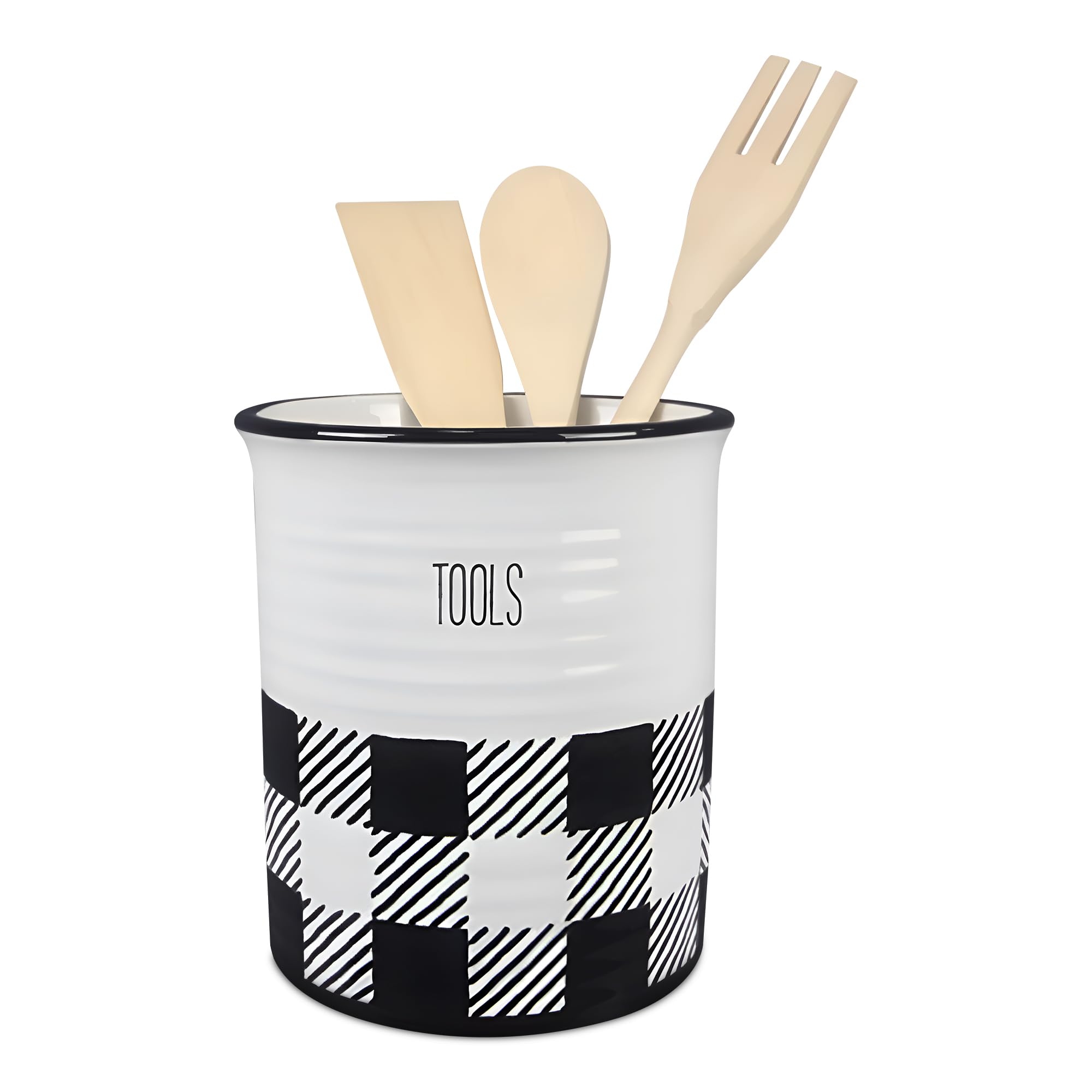 Young'S 21076 Buffalo Plaid Kitchen Tool Holder With Tools, Ceramic, Black And White