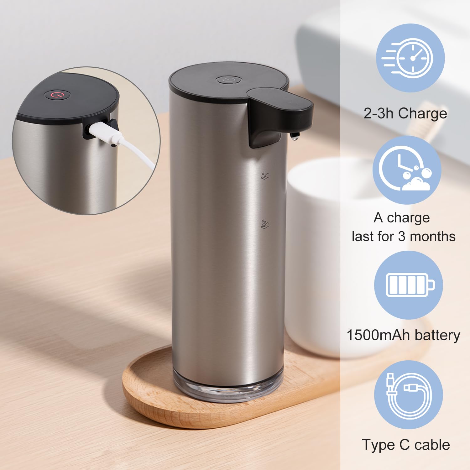 Laopao Soap Dispenser, Rechargeable Automatic Soap Dispenser Stainless Steel Touchless Foaming Soap Dispenser For Bathroom Auto