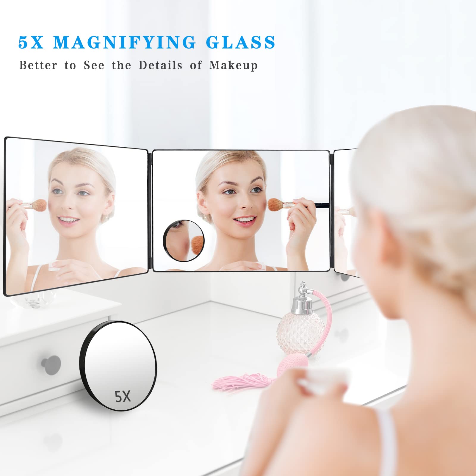 Janmpask 3 Way Mirror For Self Hair Cutting Tools With Height Adjustable Mirror 360 Trifold For Makeup To See Back Of Head (Blac