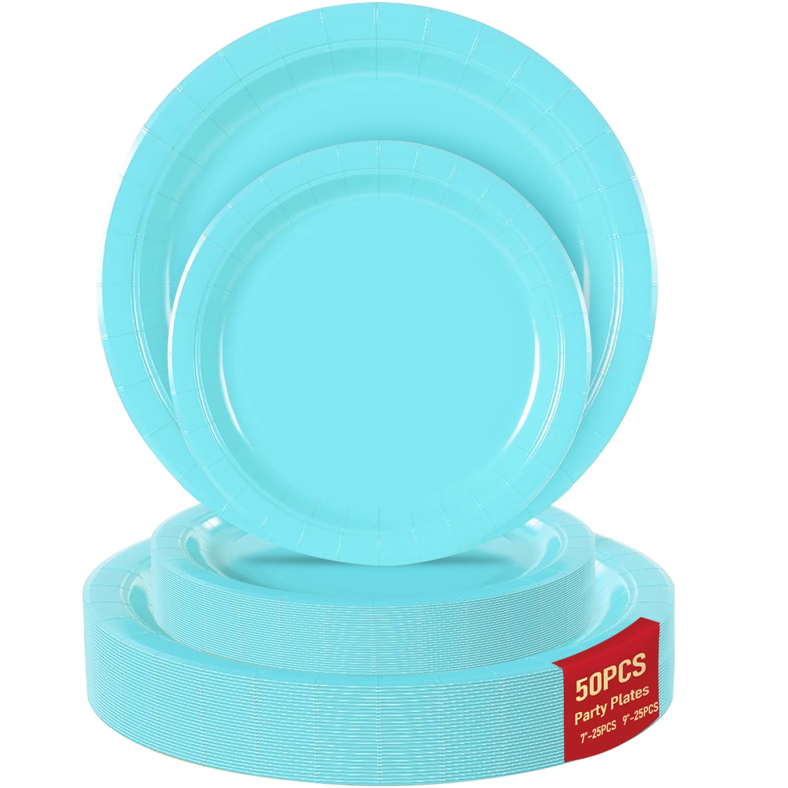 50 Blue Paper Plates for Party Set Includes 25-9 & 25-7 Thickened Disposable Plates, Birthday Cake Dessert Plates for Party Supp