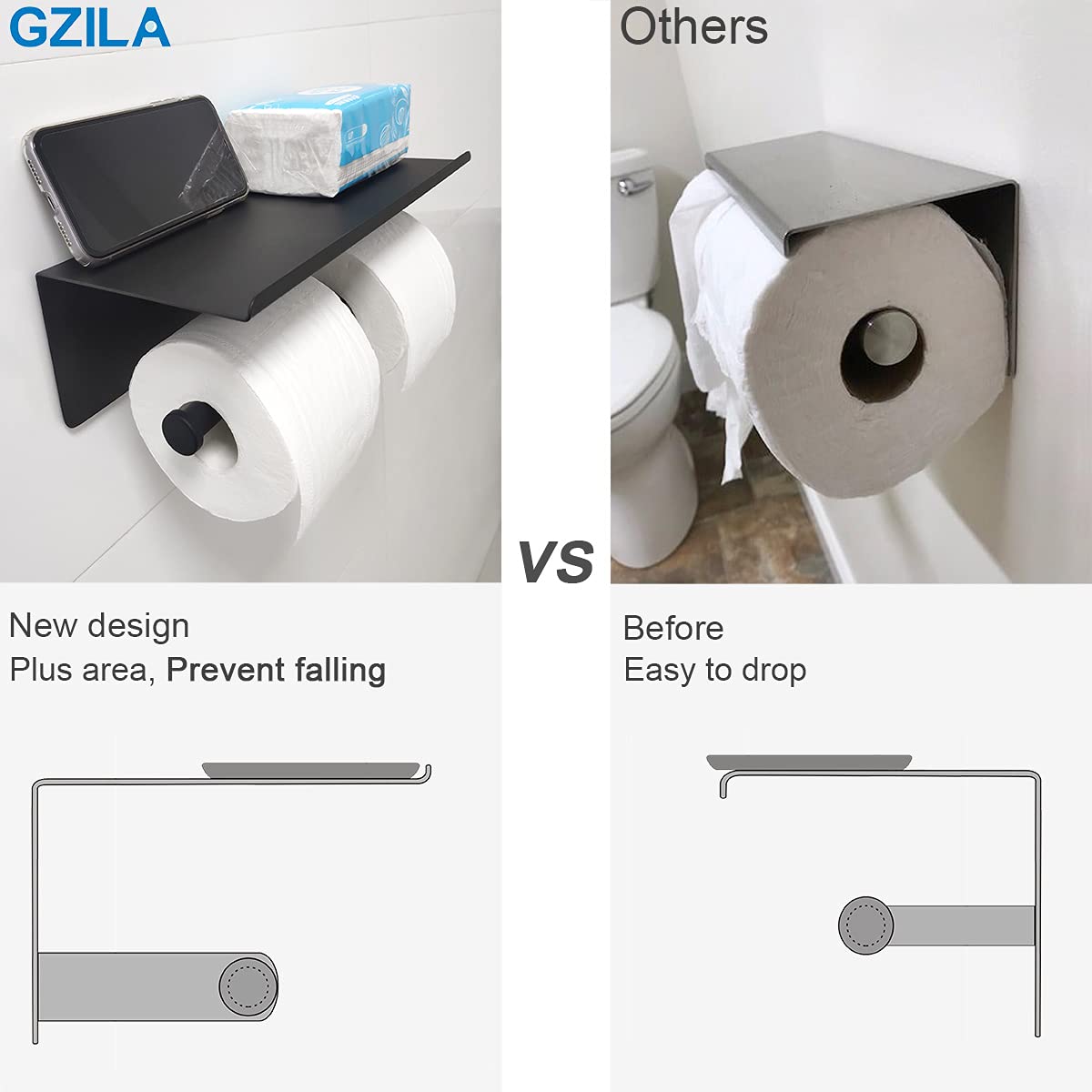 Gzila Double Toilet Paper Holder With Shelf Matte Black Wall Mounted, Dual Large Rolls Tissue Holder Multipurpose Tp Dispenser,