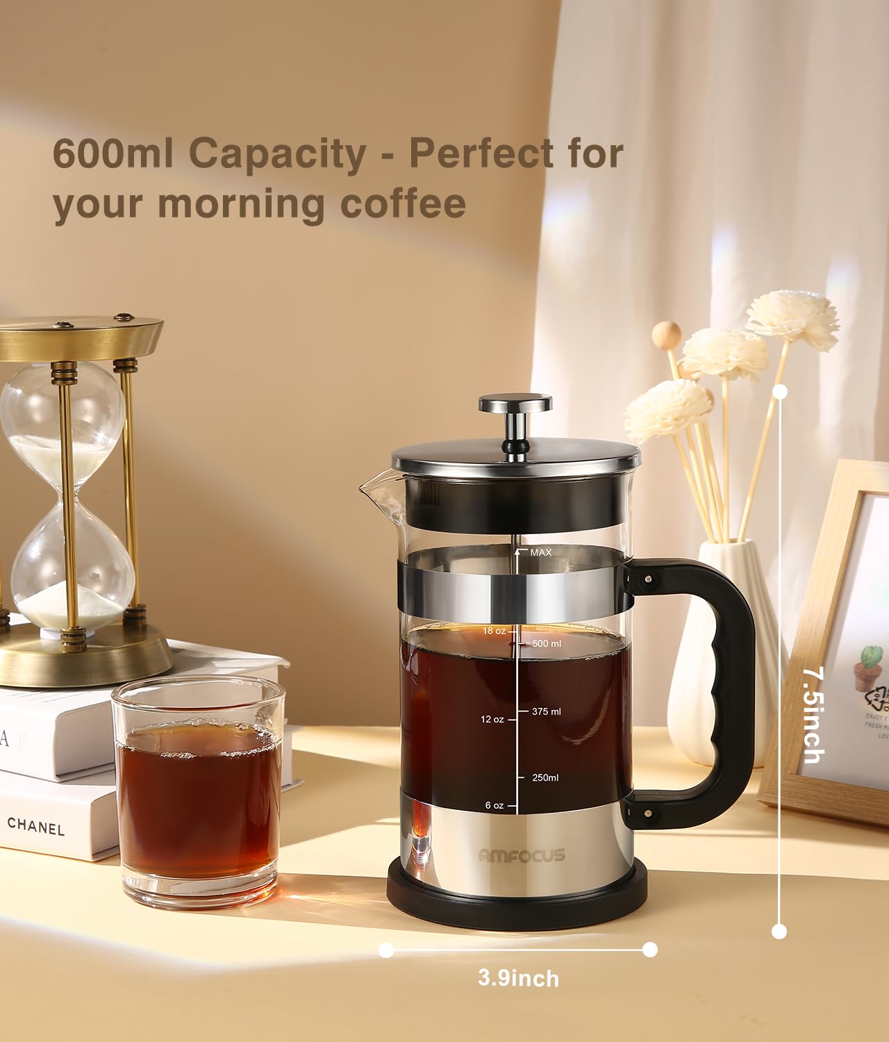 AMFOCUS French Press Coffee Maker - 21OZ Borosilicate Glass - Silver, Portable Cold Brew Coffee Pot with 4-Level Filters