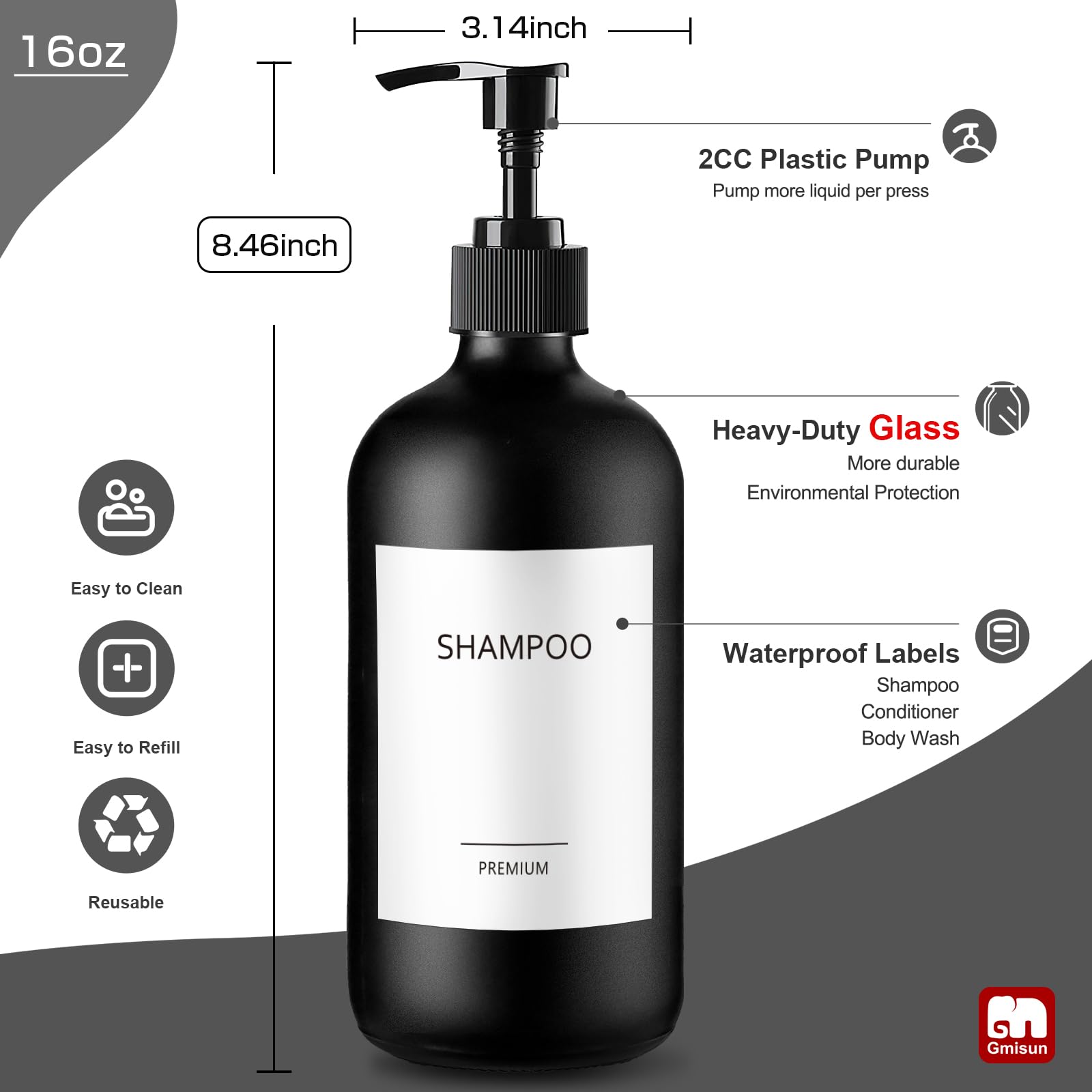 Gmisun Glass Refillable Shampoo And Conditioner Bottles, Shampoo And Conditioner Dispenser, Body Wash Dispenser For Shower, Empt