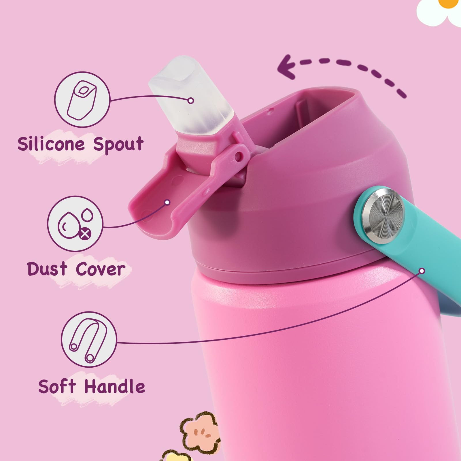 Kerilyn 12oz Kids Water Bottle, Stainless Steel Insulated Water Bottle for Kids, Toddler Cup with Straws Leak-Proof, Kids Water