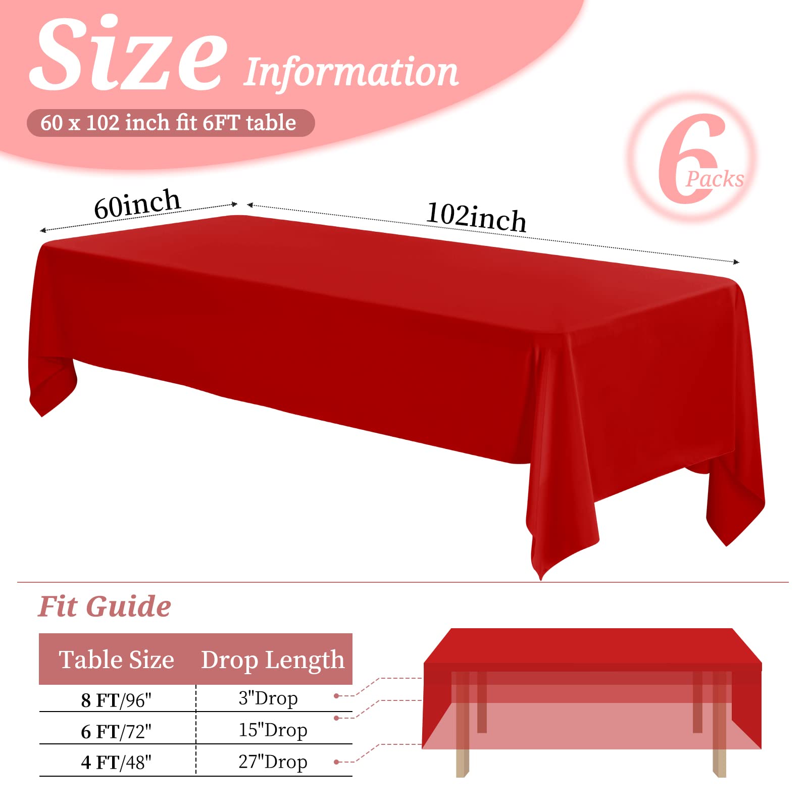 6 Pack Tablecloth 60 X102 Inch Polyester Table Cloth For 6 Foot Rectangle Tables,Stain And Wrinkle Resistant Washable Fabric Tab