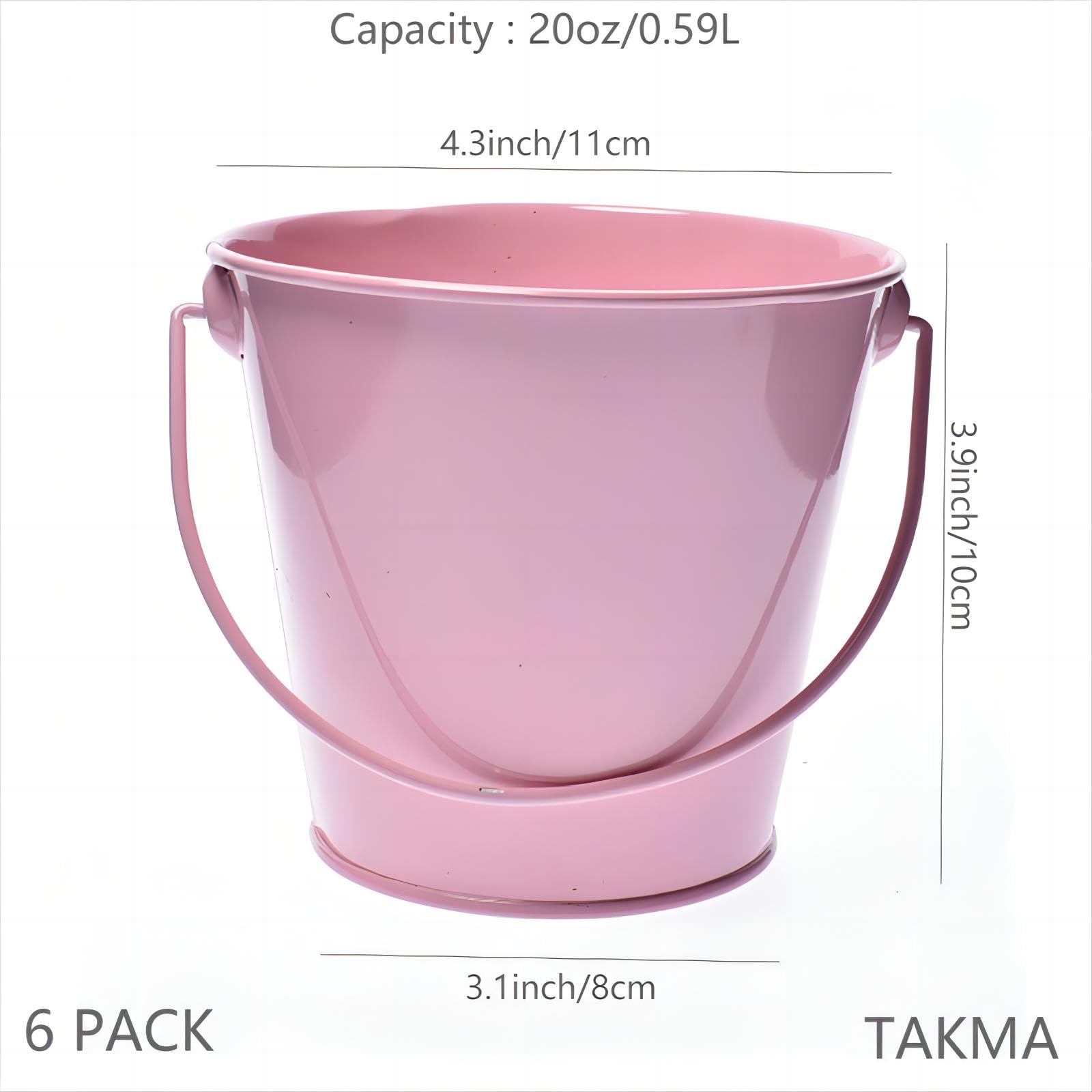 TAKMA Small Metal Buckets with Handle - 6 Pack 4.3 Inch Colored Galvanized Bucket for Kids Classroom Crafts and Party Favors (Pink  4.3'' Top)