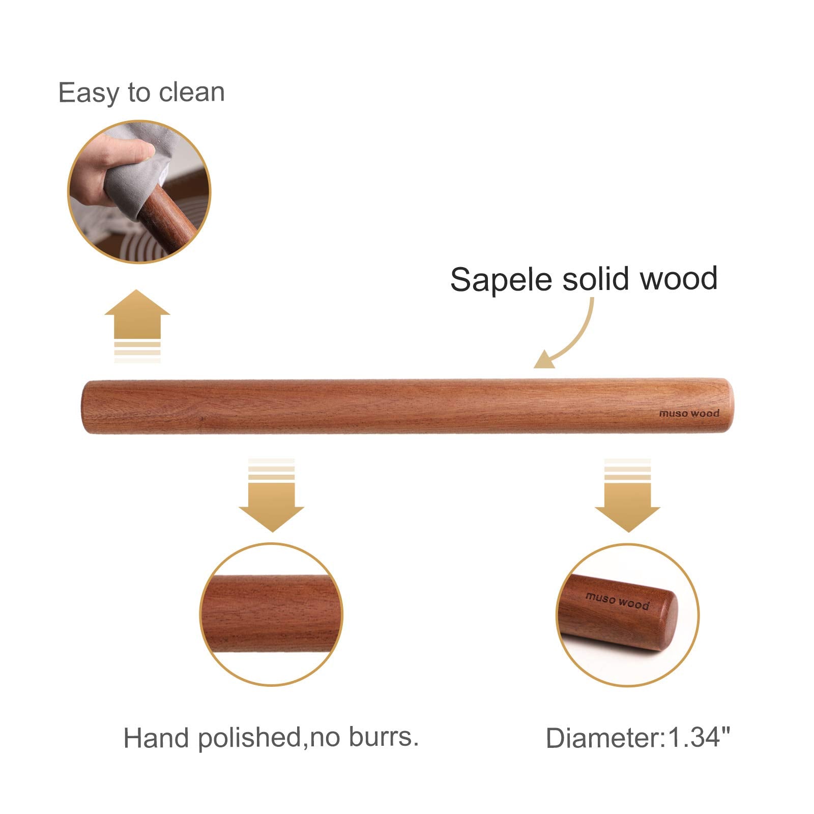 Muso Wood Sapele Wooden Dowel Rolling Pin For Baking,Tapered Roller For Fondant, Pie Crust, Cookie, Pastry (Dowel 15-3/4Inch)