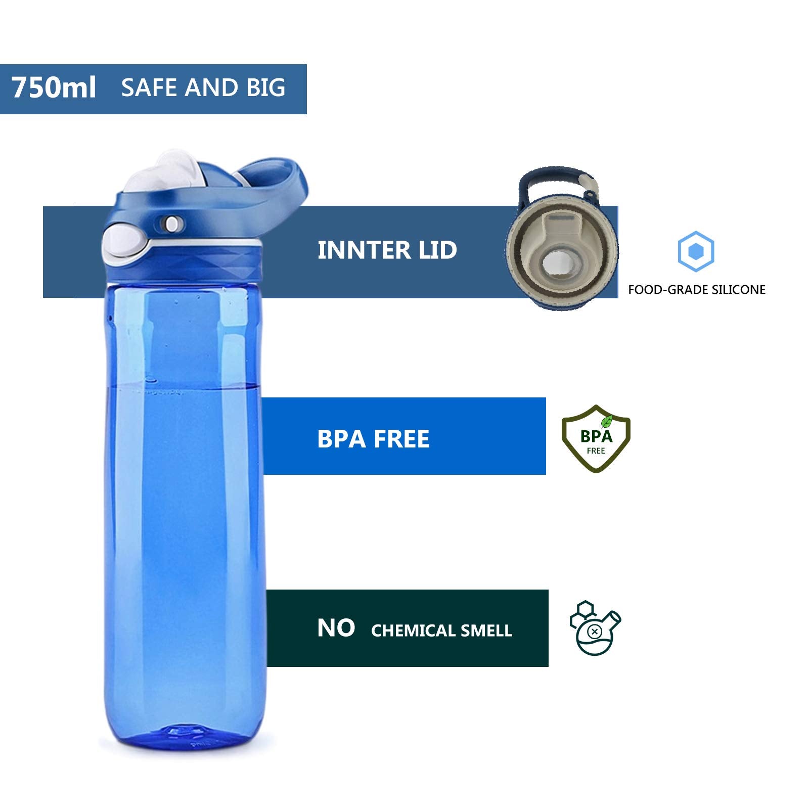 DEARART 2 Pack 26oz Blue Water Bottle and Pink Water Bottle Without Straw  AUTOSPOUT Wide Mouth BPA FREE Leak Proof  Has Handle Easy Carried Suit Office Home Sports Travel School etc.