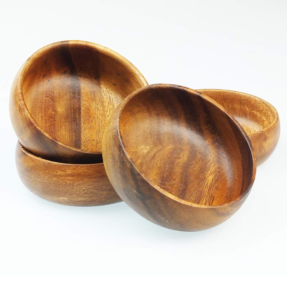 Acacia Handmade Wood Carved Plates - Set Of 4 Calabash Bowls Size 4'' (Round)