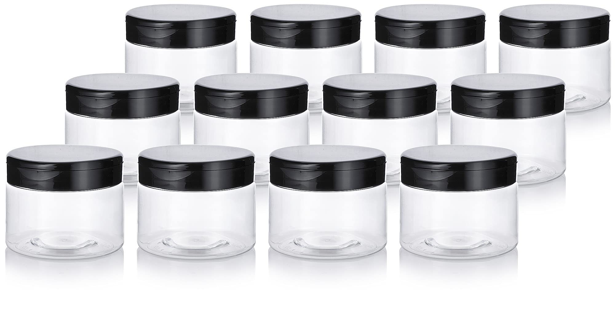 Juvitus Clear Pet Plastic (Bpa Free) Refillable Low Profile Jar With Black Flip Top Cap - 12 Oz (12 Pack)