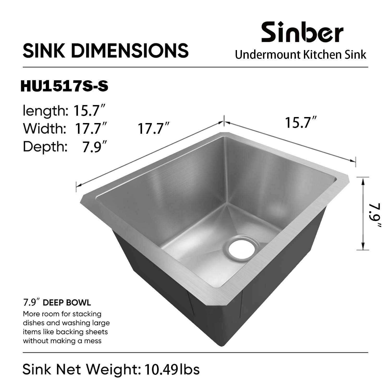 Sinber 16'' X 18'' X 8'' Undermount Single Bowl Kitchen Sink With 18 Gauge 304 Stainless Steel Satin Finish Hu1517S-S (Sink Only