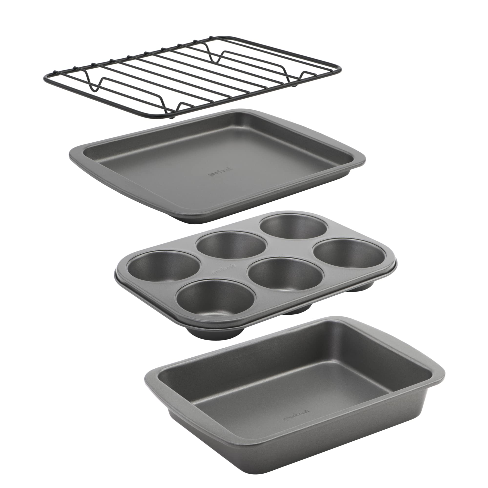 Goodcook 4-Piece Nonstick Steel Toaster Oven Set With Sheet Pan, Rack, Cake Pan, And Muffin Pan, Gray (4220), Assorted