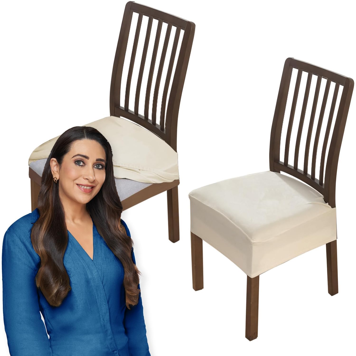 Hokipo Original Velvet Dining Chair Seat Cover, Stretch Fitted, Removable Washable Furniture Protector Slipcovers, Set Of 2, Bei