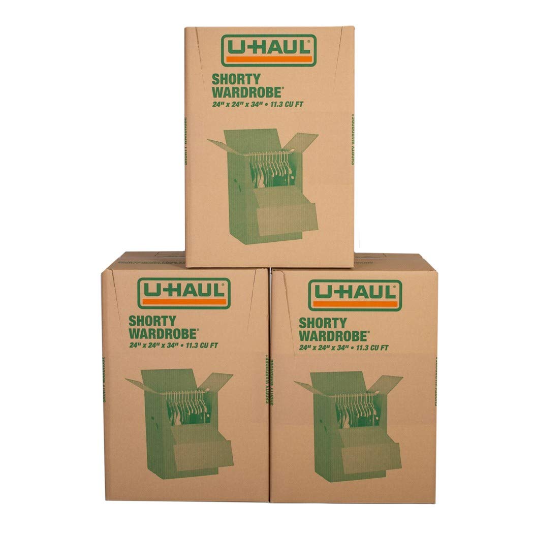 U-Haul Shorty Wardrobe Boxes - Pack of 3 - 24” x 24” x 34” - Includes Hanging Bars - Brown