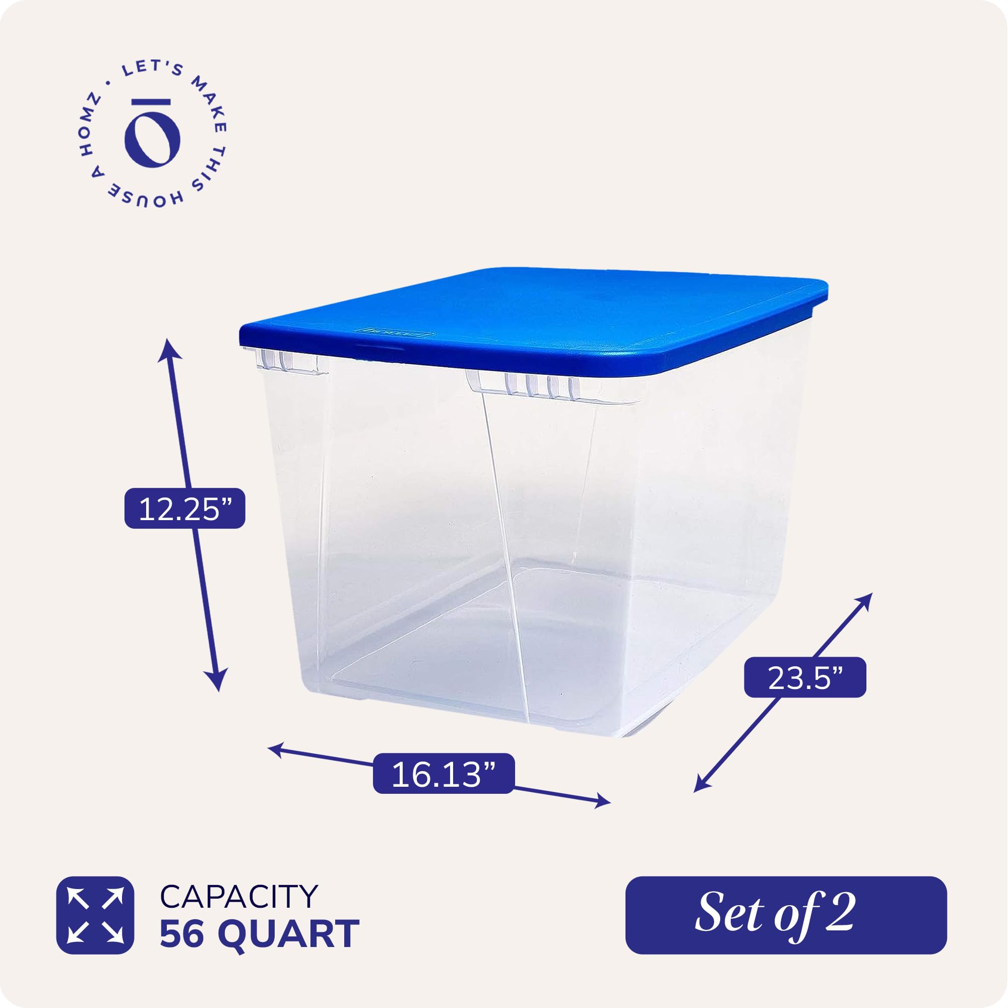 Homz Snaplock 56-Quart Plastic Multipurpose Stackable Storage Container Bins With Blue Snaplock Lid For Home And Office Organiza