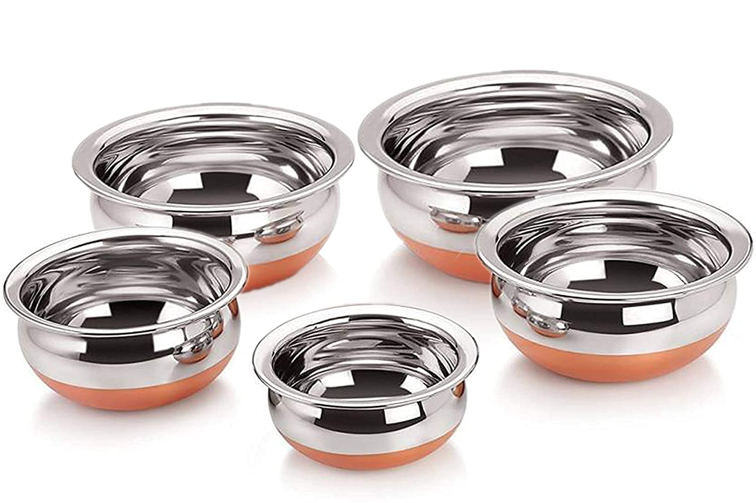 Ksjone Indian Serving Handi 5 Pcs. Set - Copper Bottom 500Ml, 750Ml, 900Ml, 1400 Ml, 1900 Ml. Stainless Steel Cooking Pot Biryan