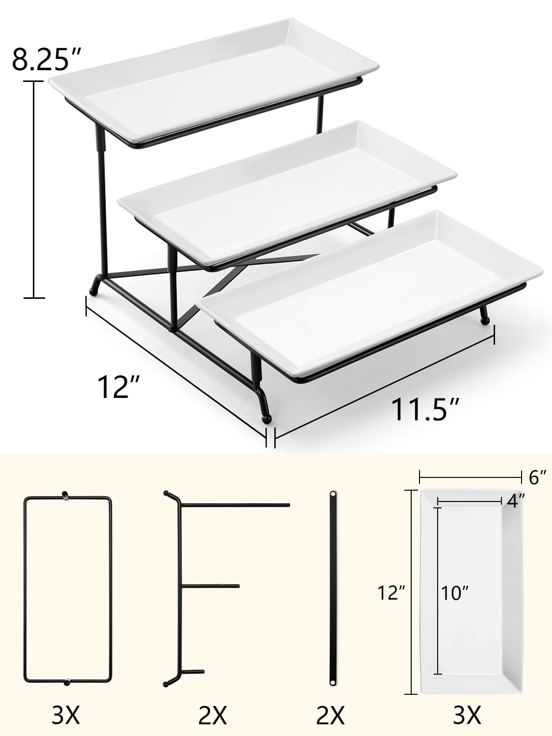 Yedio 3 Tier Serving Tray Set Porcelain Tiered Serving Trays Platters, Collapsible Sturdier Stand With Stable Cross Bars, For Pa