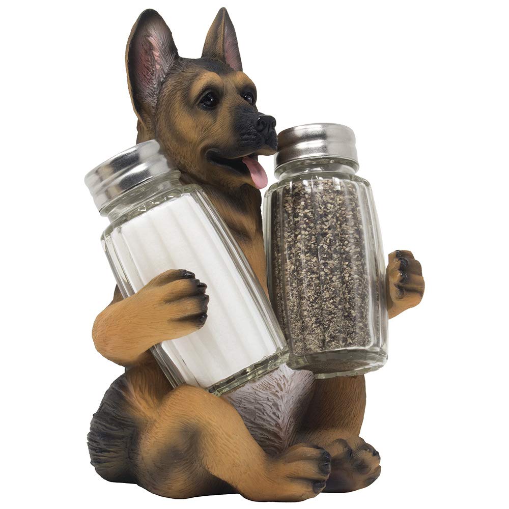 German Shepherd Police Dog Salt And Pepper Shaker Set With Decorative Display Stand Holder Canine Figurine For Kitchen Decor Tab