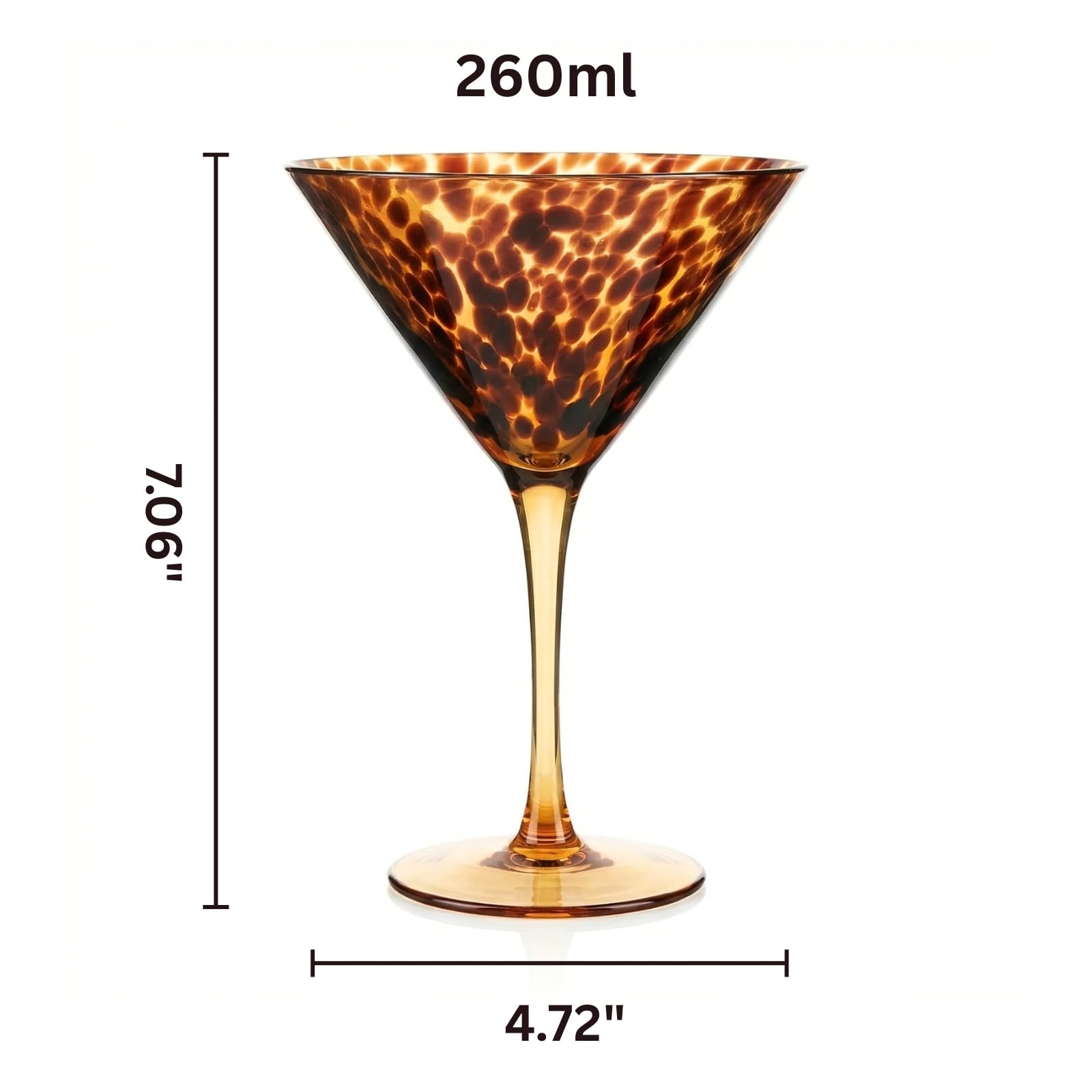 Tortoise Leopard Print Martini 9oz - Set of 4, 7.1" Spotted Borosilicate Cocktail Stem