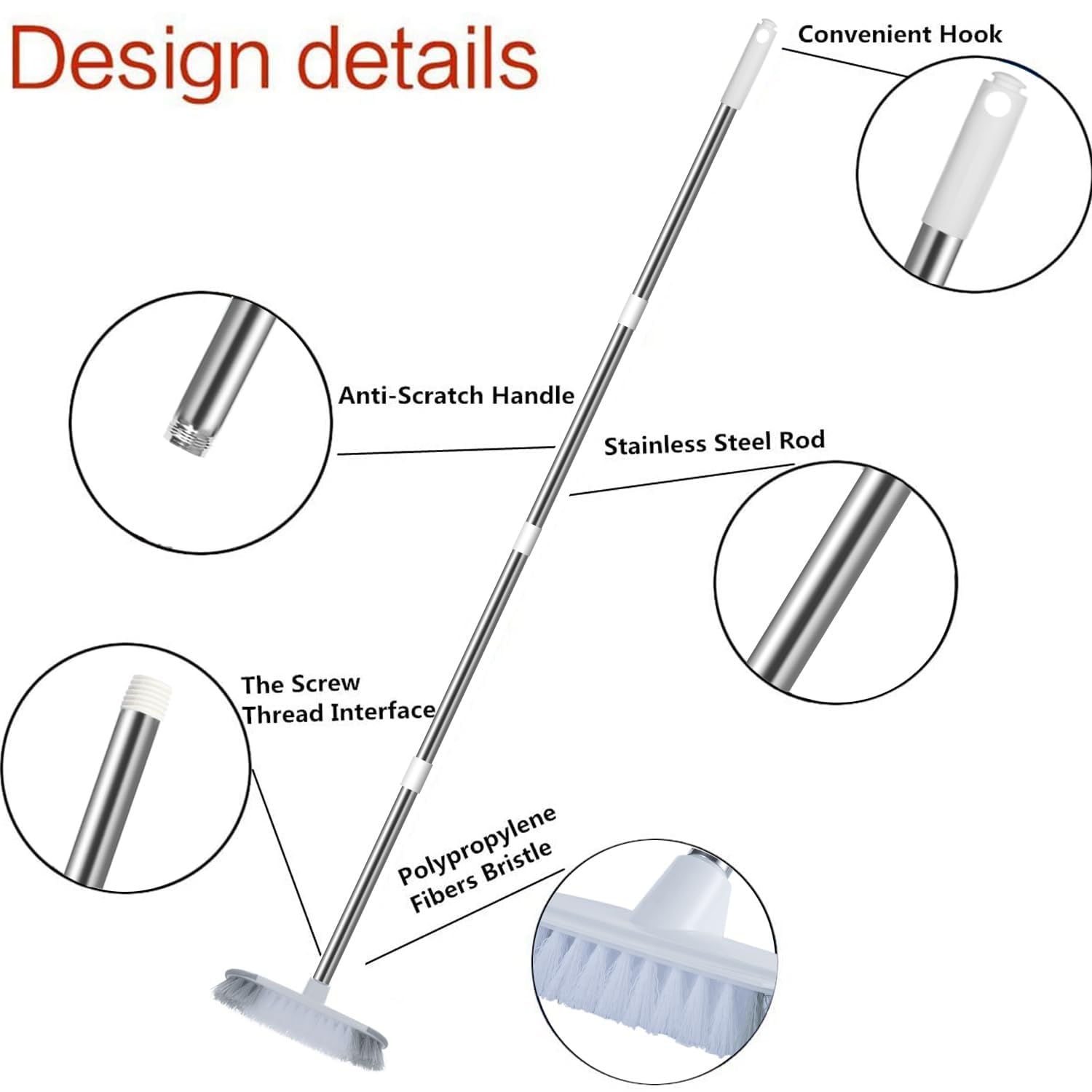 Meibei Floor Scrub Brush With Long Handle 54'' Stiff Bristle Shower Deck Brush, Adjustable Stainless Metal Handle For Cleaning T