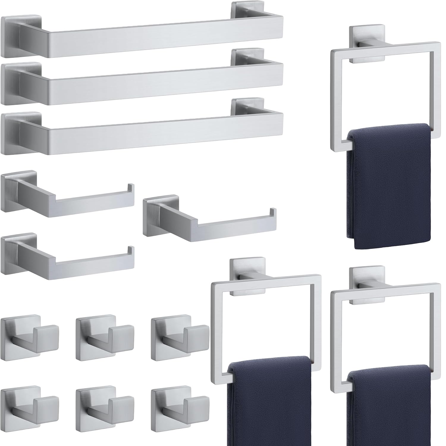 Bathroom Accessories Towel Bar Set: 15 Pieces Brushed Nickel Square Bathroom Hardware SUS304 Stainless Steel - Wall Mounted Towe