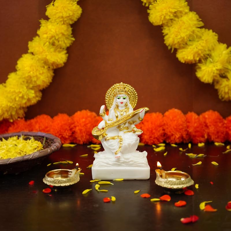 Ekhasa Aura Series Marble Dust Maa Saraswati Idol (5 Inch) | Gold Plated Saraswati Maa Murti For Study Table, Pooja Room & Home