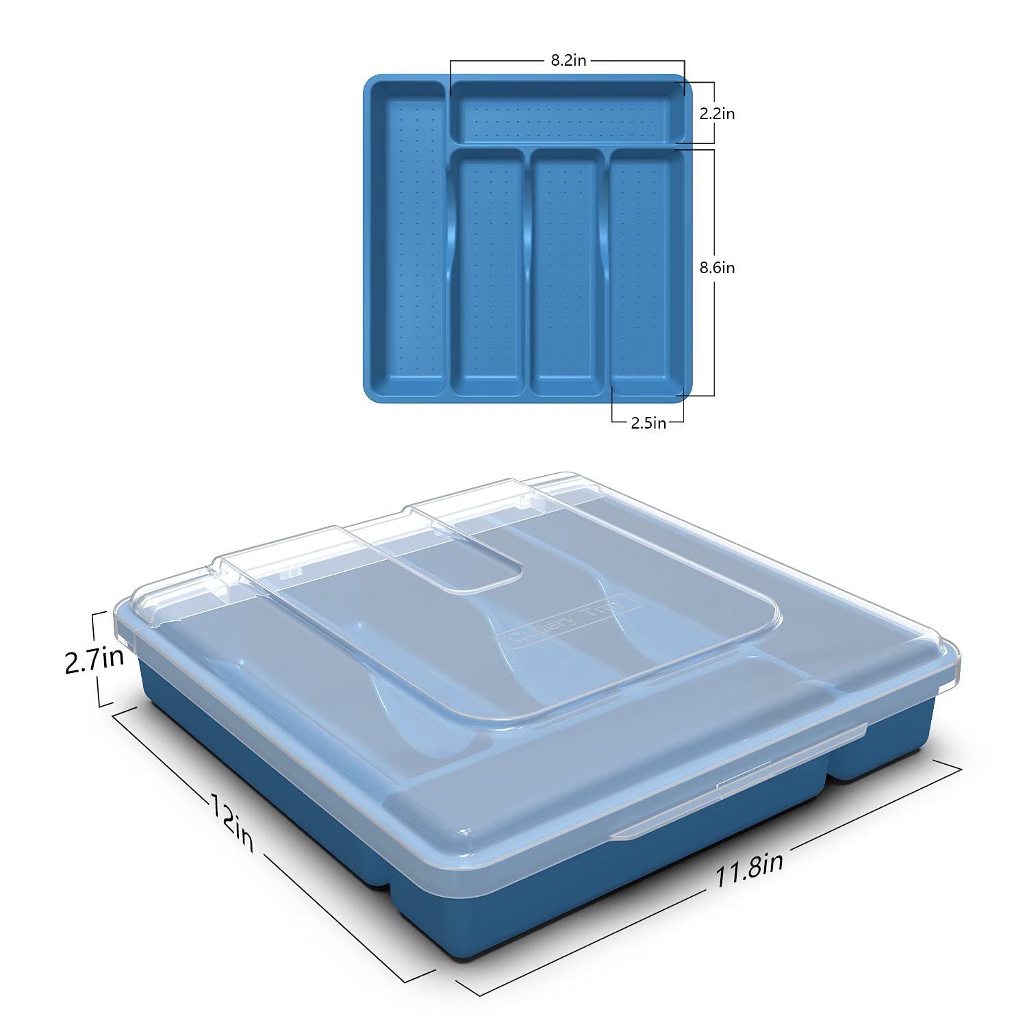 QINOL Silverware Tray with Lid  Utensil Holder for Kitchen Counter Plastic Flatware Organizers and Storage holder 5 Compartments Blue