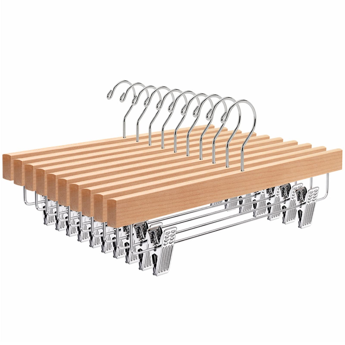 Amber Home 10 Pack Natural Wooden Pants Hangers With Clips, Wood Skirt Hangers Trouser Hangers For Jeans, Slacks, Shorts With 2-