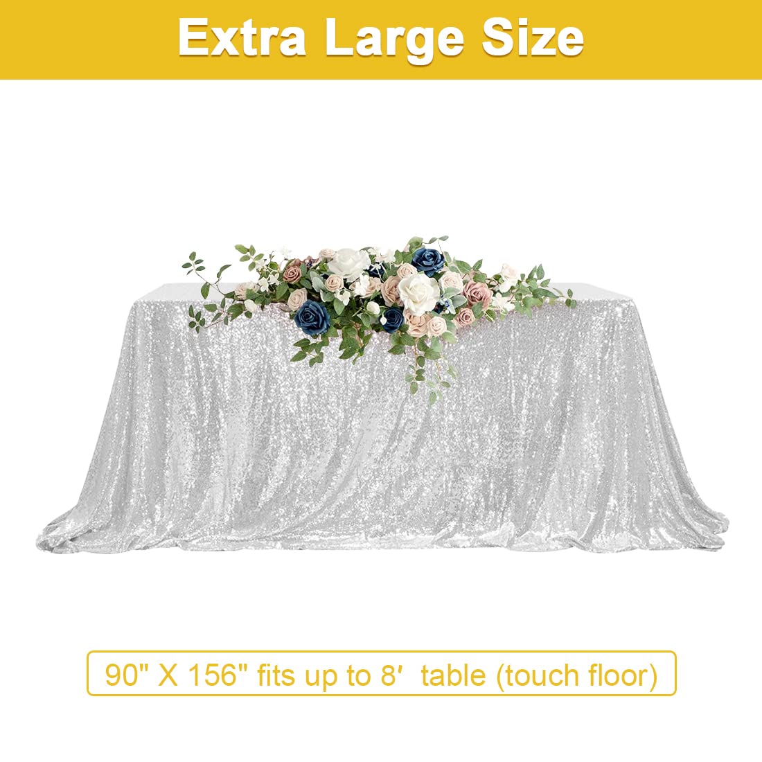 Partydelight Sequin Tablecloth, Wedding, Christmas, Rectangular, 90''X156'', Silver