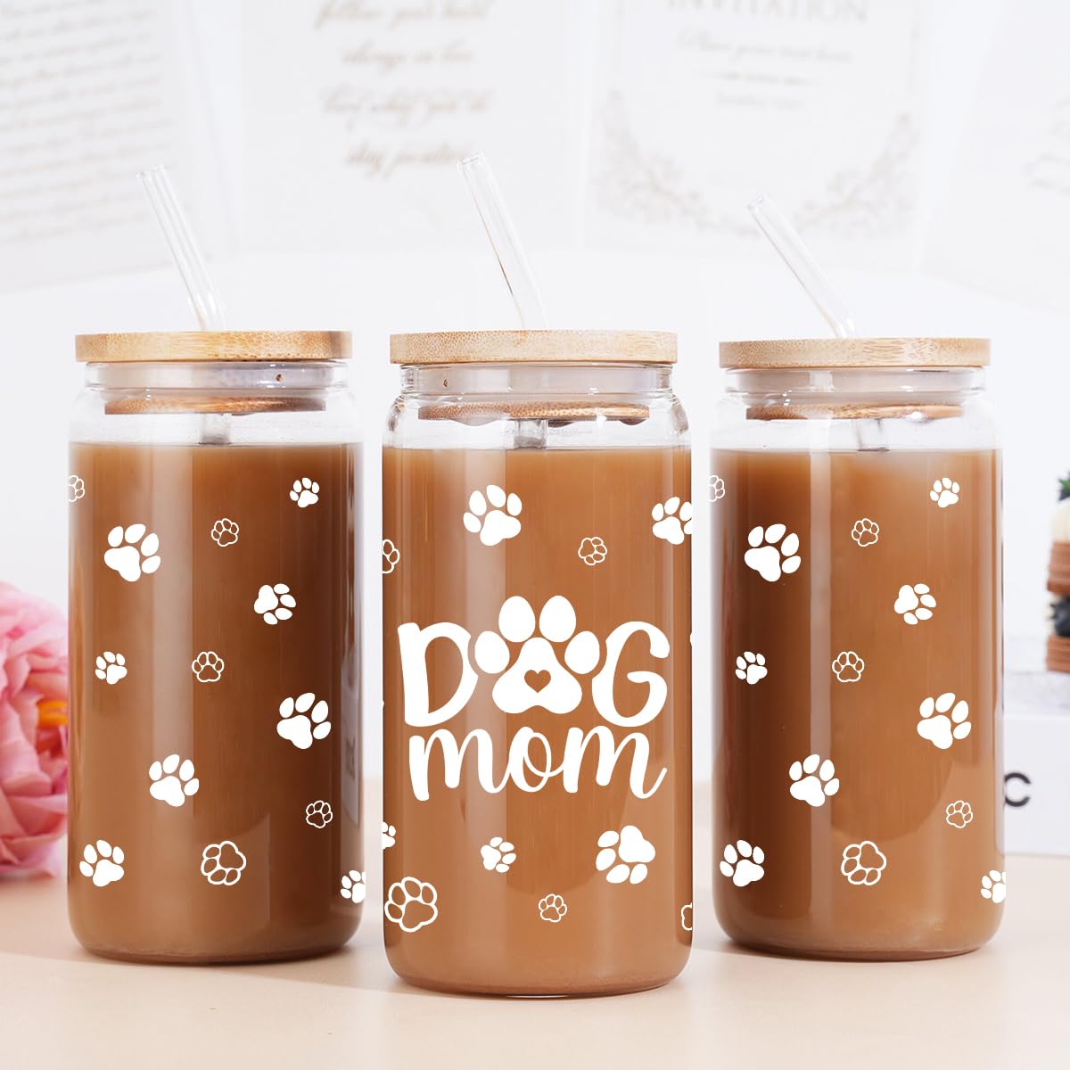 Dog Mom Cup 16 Oz Can Glass Coffee Mug with Bamboo Lid & Straw - Dog Lover Gifts for Women - Dog Mom Gift for Birthday Mothers D