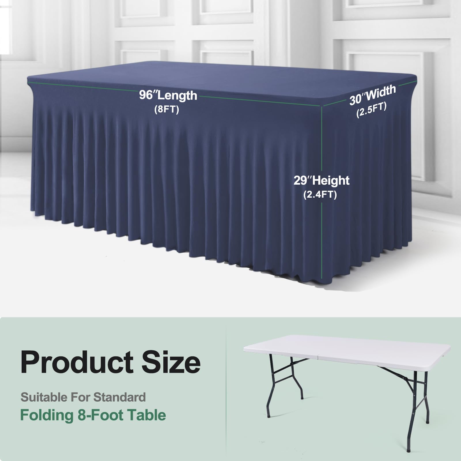 Bddc 2 Pack Table Skirts For Rectangle Tables 8Ft - One-Piece Navy Blue Table Covers For 8 Foot Tables, Wrinkle Resistant Ruffle