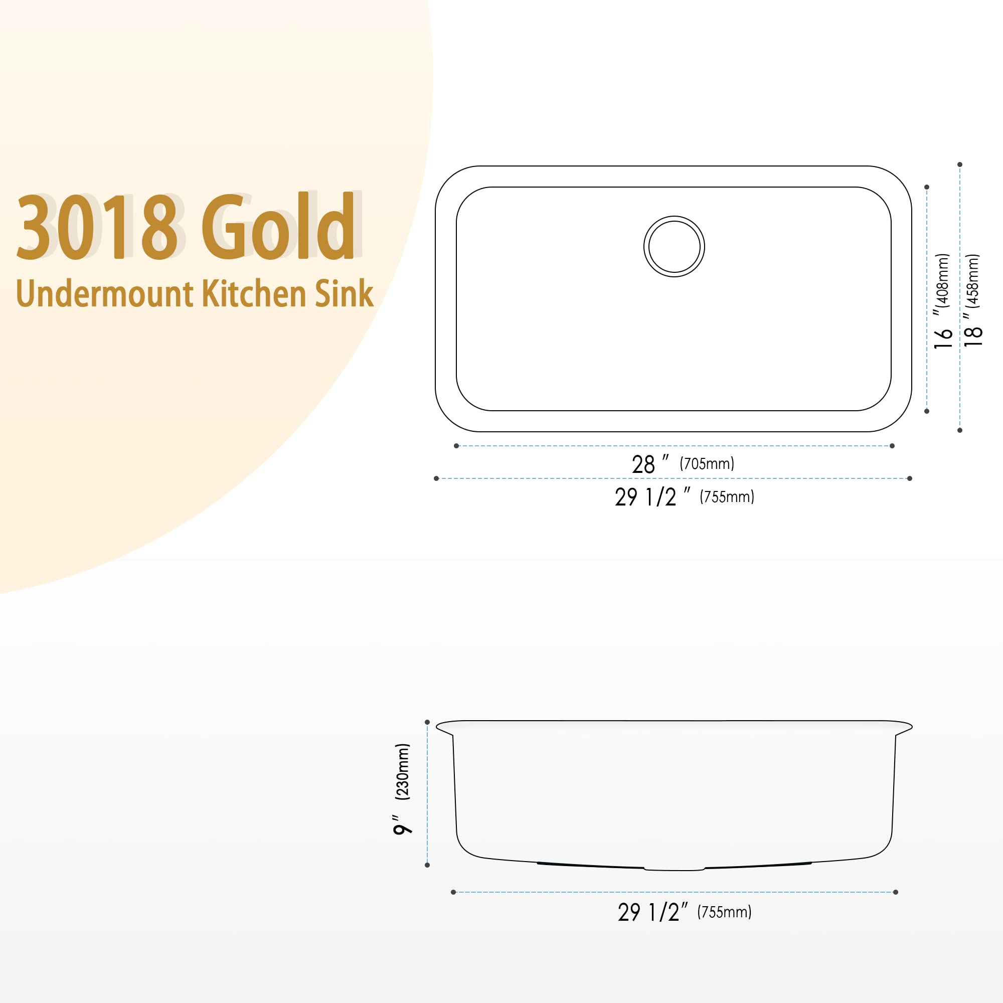 Monsinta Undermount Kitchen Sink, Stainless Steel Kitchen Sink 3018, Deep Sink, Gold Kitchen Sink, Single Bowl Kitchen Sink With