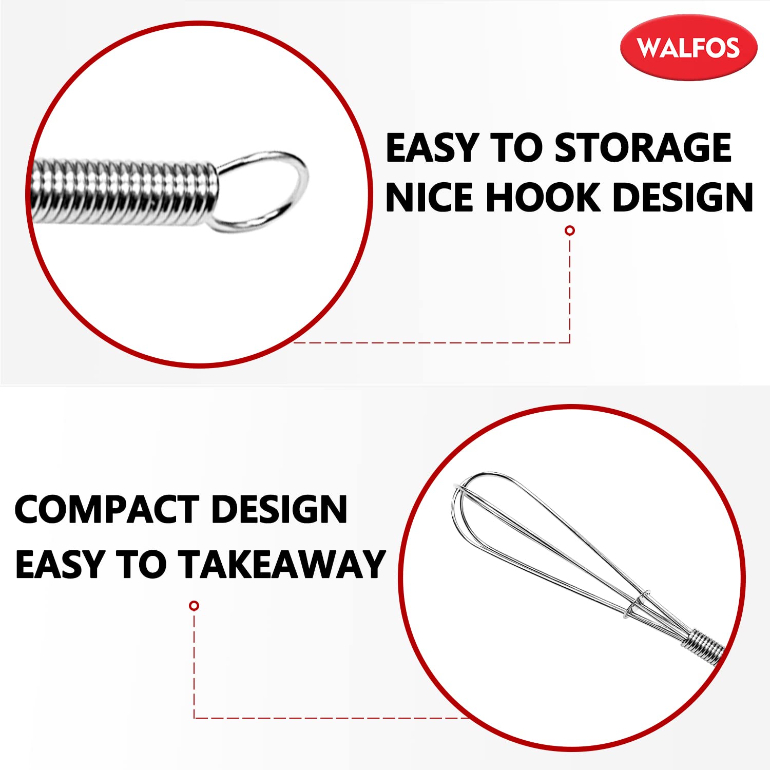 Walfos Mini Whisks Set - 2 Stainless Steel Whisks (5in & 7in) for Beating, Blending & Mixing Sauces