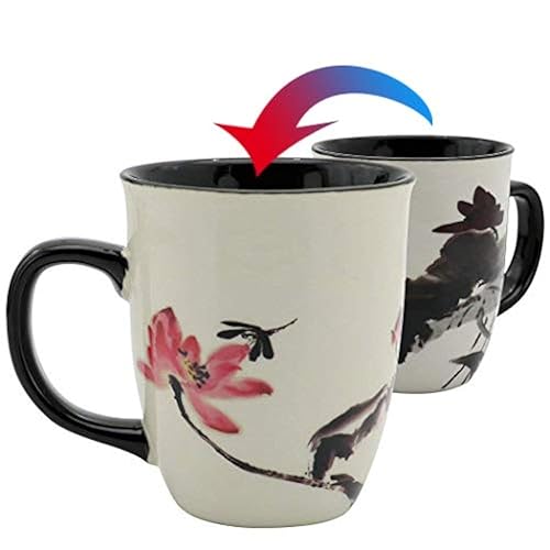 Asmwo Funny Ceramic Magic Heat Color Changing Art Coffee Tea Mug Lotus Printing Porcelain Mugs for Women Personalized White Green Tea Cup 16 oz Large Coffee Mug for Mom Girl Grandma And Man