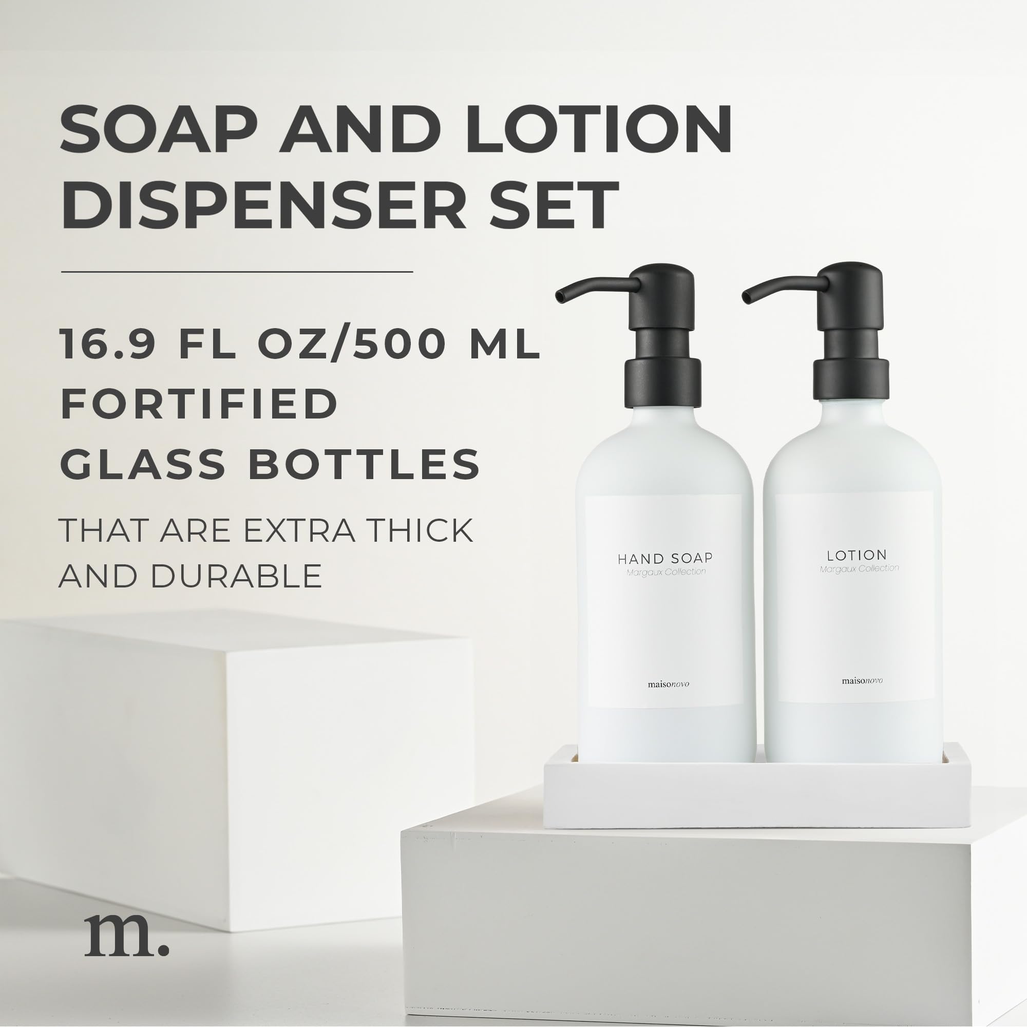 Maisonovo Soap And Lotion Dispenser Set - 16.9 Fl Oz White Hand Soap Dispenser Glass With Black Pump Set Of 2 And Concrete Tray