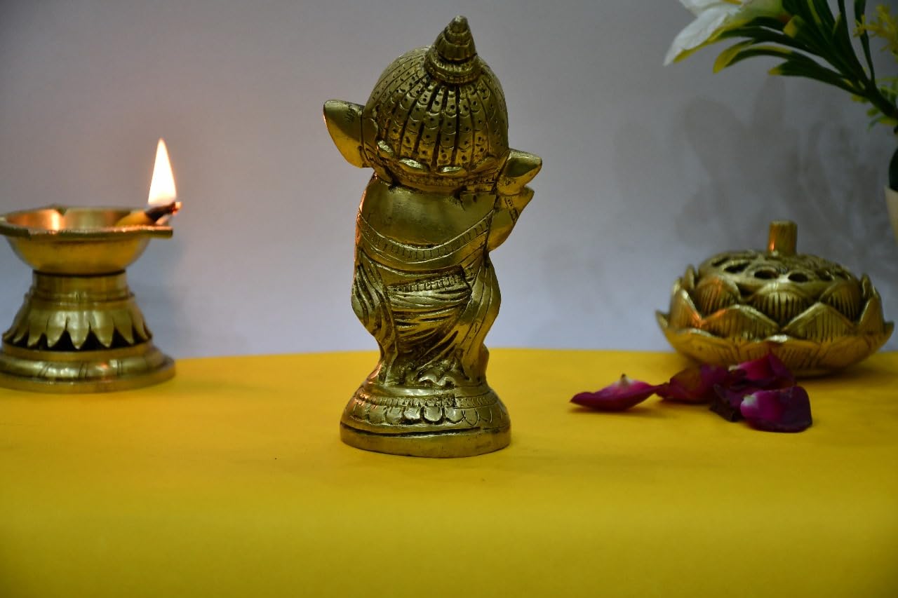 Brixus Brass Ganesh Idol, 14 Cm, Baby Ganesha Playing Flute, Standing Position Statue