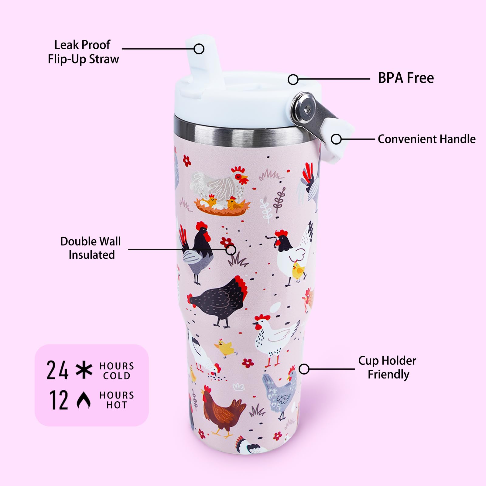 30 Oz Tumbler With Handle Flip Straw Leak Proof - Chicken And Rooster Design 30Oz Tumbler Travel Coffee Mug With Handle - Birthd