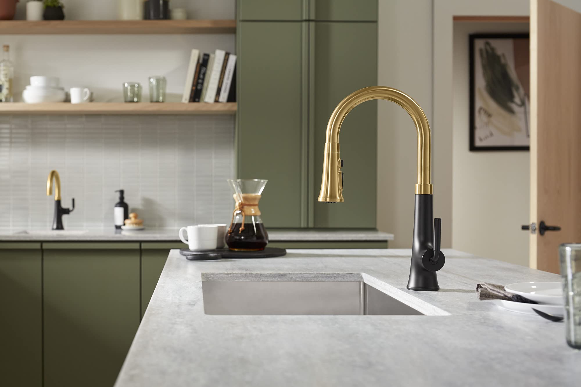 Kohler 23766-Wb-Bmb Tone Voice-Activated Sink, Touchless Kitchen Faucet With Pull Down Sprayer, Matte Black With Moderne Brass