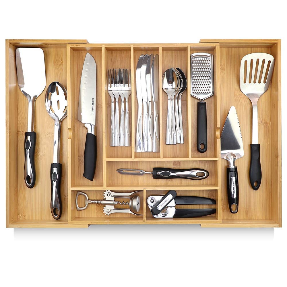 Pristine Bamboo Silverware Organizer - Expandable Kitchen Drawer Organizer - Adjustable Kitchen Drawer Organizer For Utensils, E