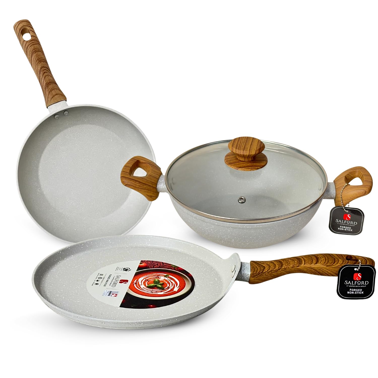 SALFORD Nonstick Deep Frypan, Crepe Pan & Skillet  3 Pcs Cookware Set