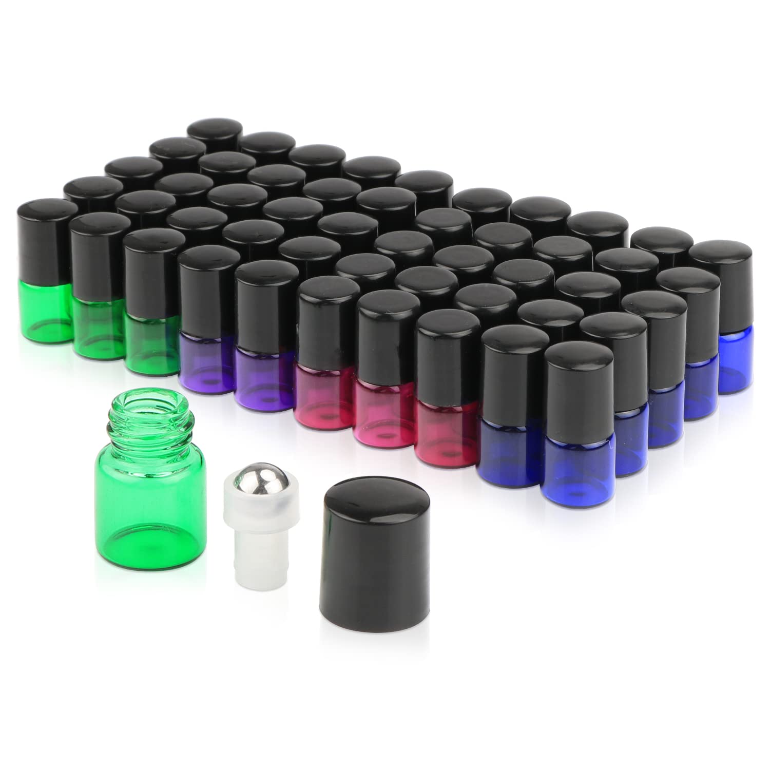 Furnido Pack of 50,1ml (1/4 Dram) Glass Roll on Bottle Mixed Color Sample Test Roller Essential Oil Vials Stainless Steel Roller
