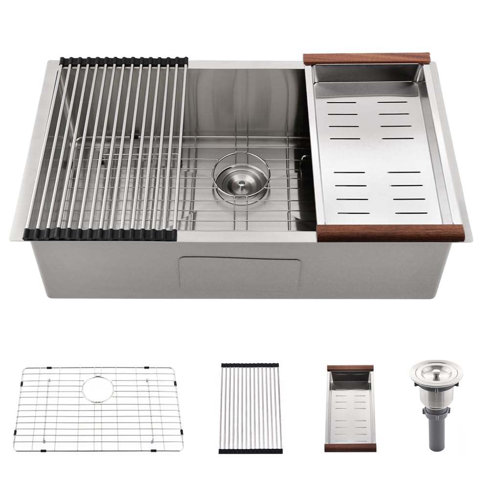 32 Inch Undermount Sink -Bokaiya 32X19 Undermount Kitchen Sink Deep Single Bowl Stainless Steel Kitchen Sink With Colander