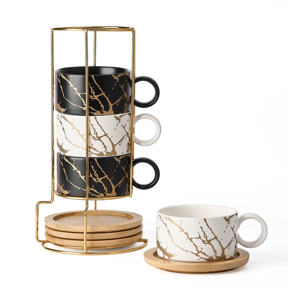 Luka Porcelain Espresso Cup With Metal Stand, 6 Ounce Stackable Ceramic Demitasse Espresso Mugs Cappuccino Cups Set For Latte,Co