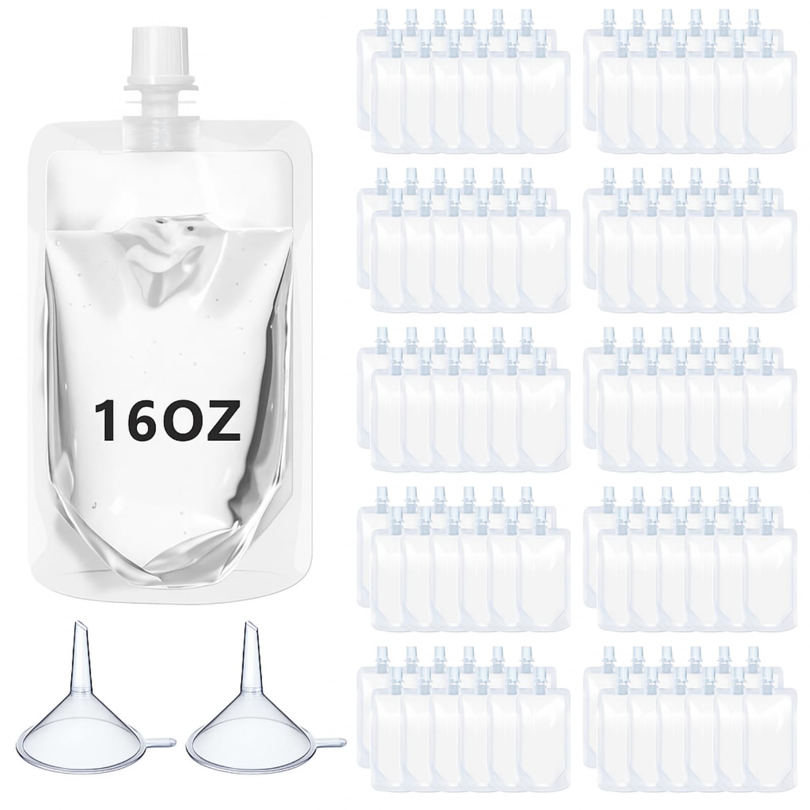 Seeloowy 100 Pcs Plastic Pouches Bulk Clear Juice Bags Squeeze Pouches Plastic Leak Proof Bags with Funnel for Party Favors (16 