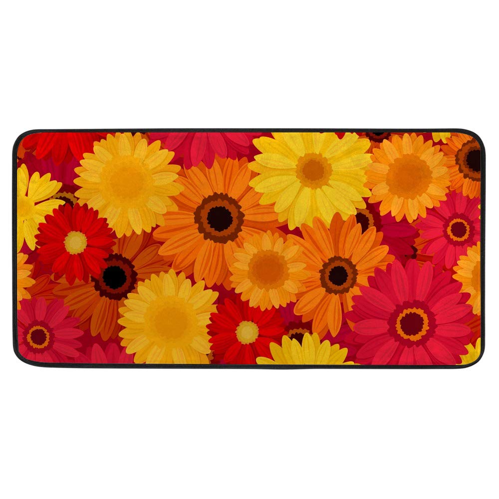 Long Kitchen Rugs Non Slip Washable Bath Mat Kitchen Runner Rug Red Orange Yellow Gerbera Flowers Water Absorption And Quick Dry