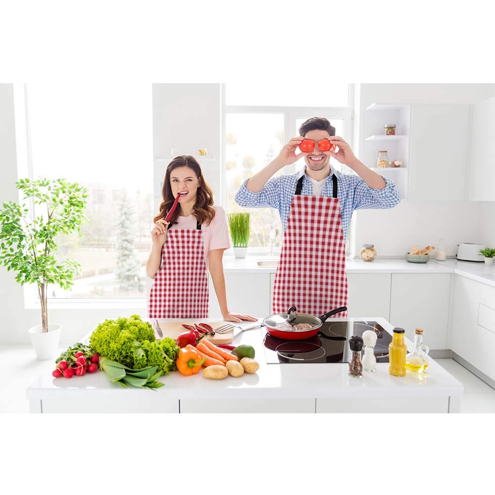 Beabes Gingham Red White Tartan Chef Apron 27 X 31 Inch Abstract Lattice Criss-Crossed Non-Pilling Bib Apron For Bbq Grilling Ga