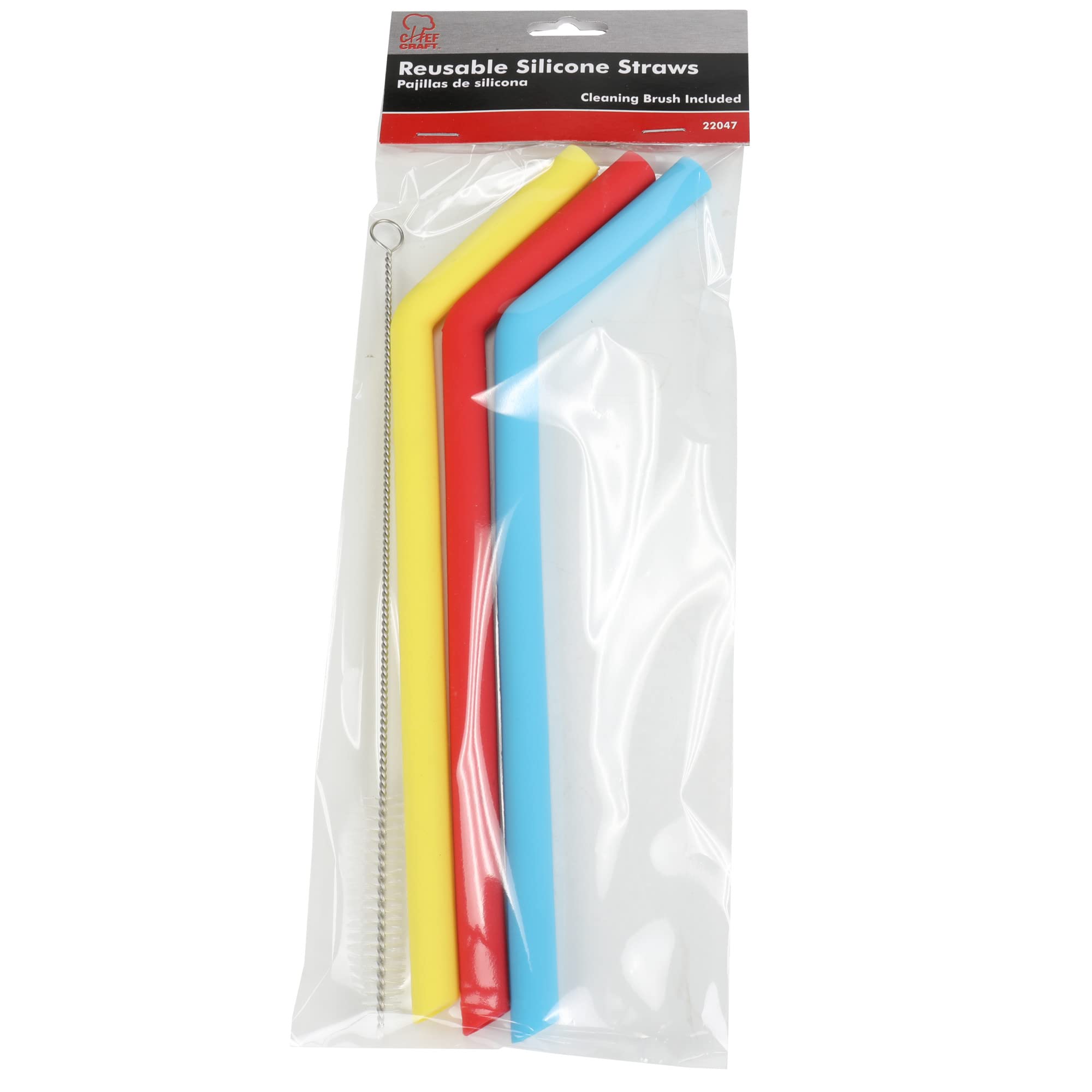 Chef Craft Eco Bent Silicone Straw, 10 Inches In Length 3 Piece Set, Red/Blue/Yellow