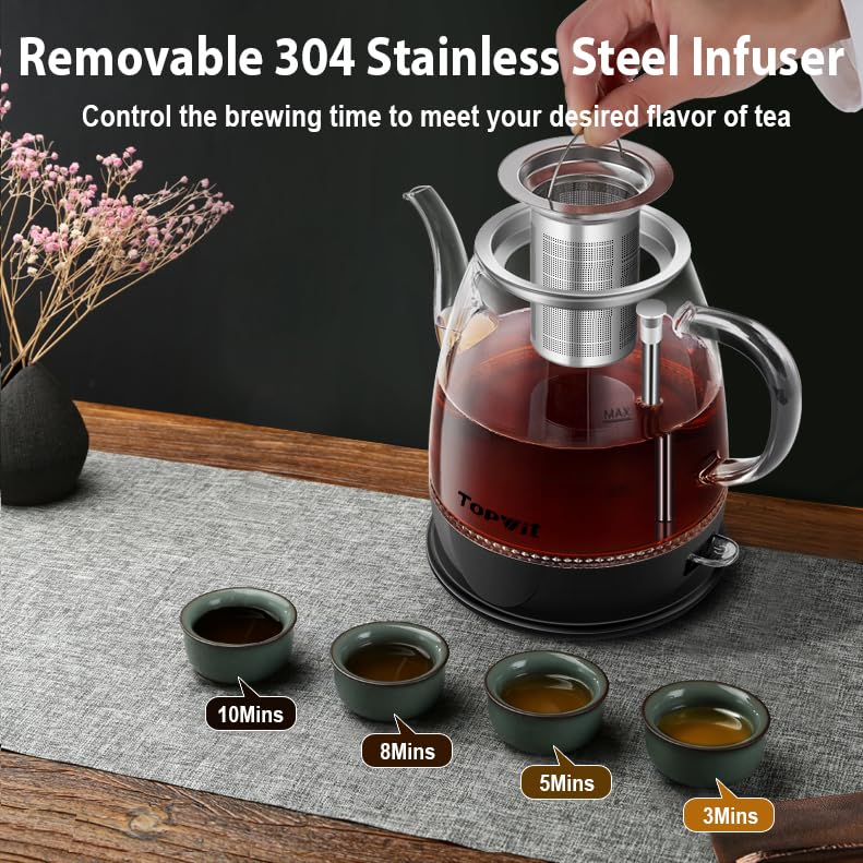 Topwit Electric Kettle Glass  For Hot Water  Tea and Coffee Dual Purpose Design  BPA-Free  1L Pour Over Removable Stainless Steel Infuser  Auto-shut Off & Boil-dry Protect