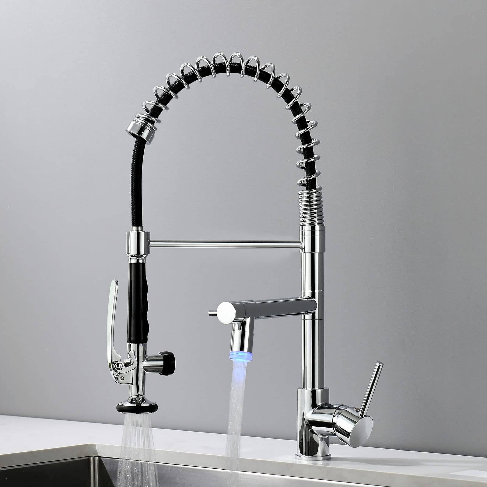Fapully Kitchen Faucet With Pull Down Sprayer,Commercial Single Handle Kitchen Sink Faucet With Led Light Chrome