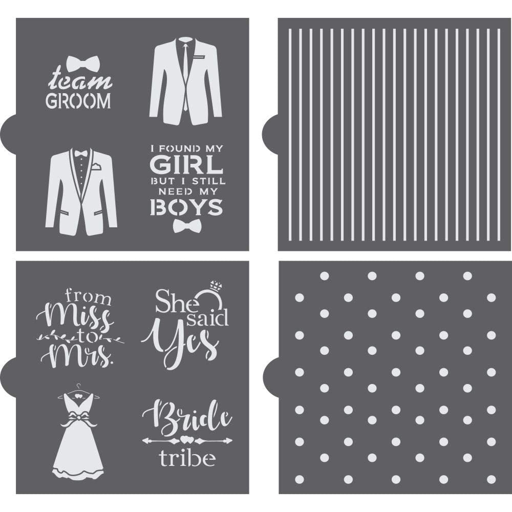 Wedding Party | Cookie Stencils | 4 Sheet Value Bundle | Bride & Groom | From Miss To Mrs. | For Cookies, Cakes, Cards, Paper, F